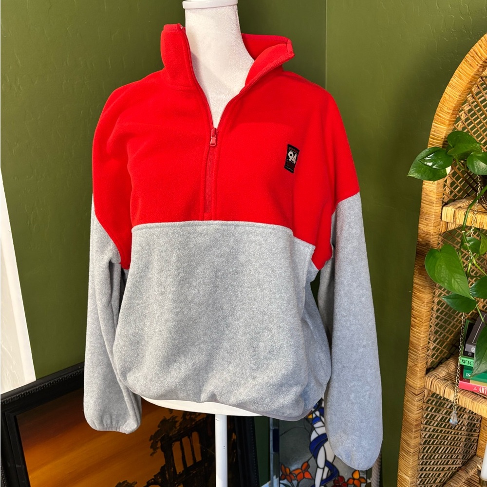 Old Navy 94 Two-Tone Red and Light Gray Quarter-Zip Fleece Sweater